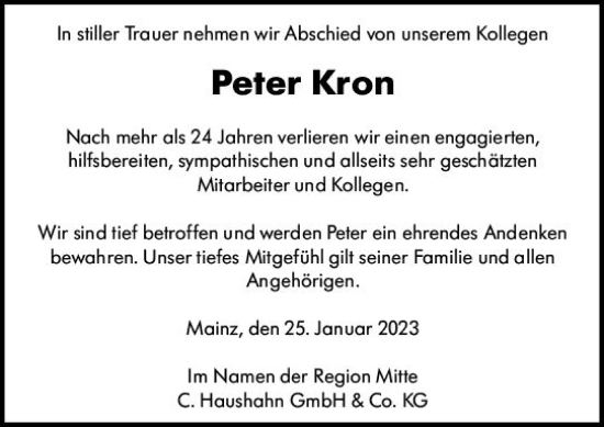 Traueranzeige von Peter Kron von Allgemeine Zeitung Mainz