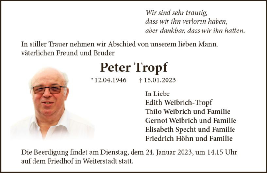 Traueranzeige von Peter Tropf von Darmstädter Echo