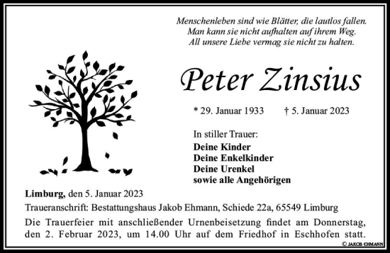 Traueranzeige von Peter Zinsius von Nassauische Neue Presse