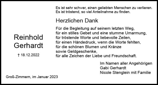 Traueranzeige von Reinhold Gerhardt von DieburgerAnzeiger/Groß-Zimmerner Lokalanzeiger