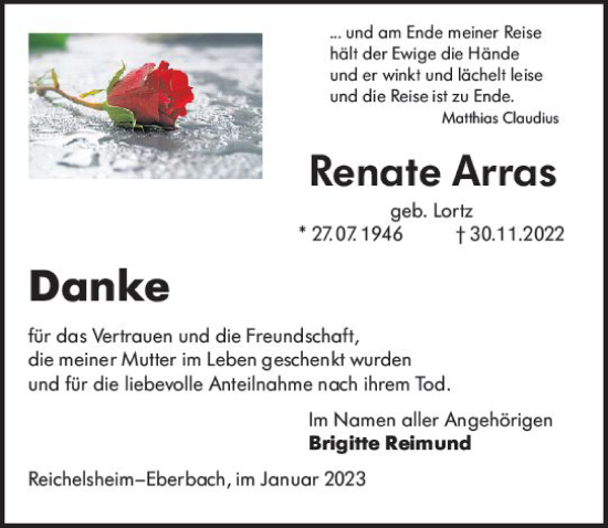 Traueranzeige von Renate Arras von Odenwälder Echo