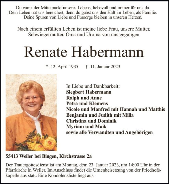 Traueranzeige von Renate Habermann von Allgemeine Zeitung Ingelheim-Bingen