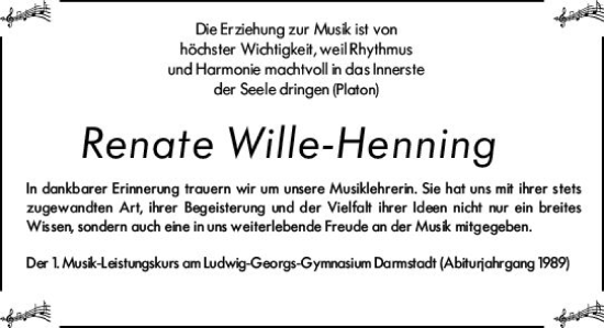Traueranzeige von Renate Wille-Henning von Darmstädter Echo