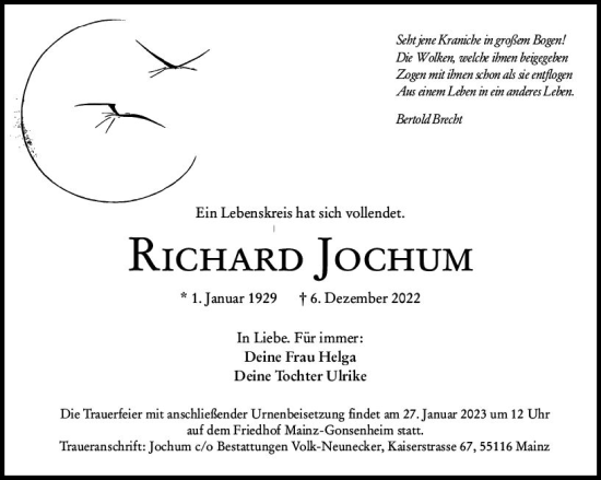 Traueranzeige von Richard Jochum von Allgemeine Zeitung Mainz