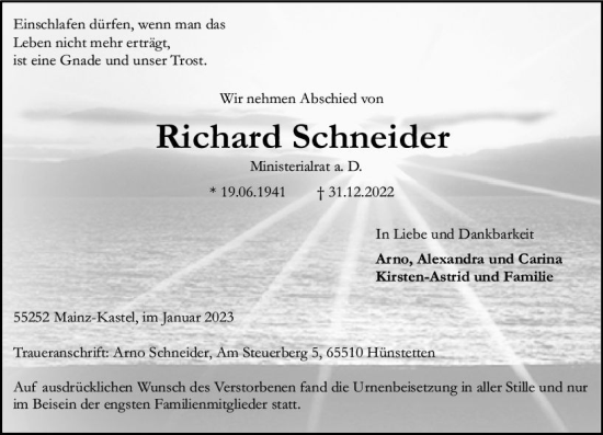 Traueranzeige von Richard Schneider von Wiesbadener Kurier gesamt