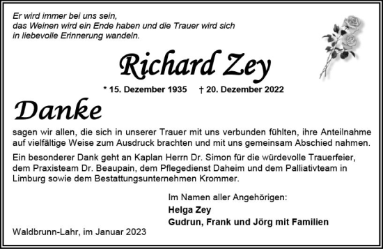 Traueranzeige von Richard Zey von Nassauische Neue Presse
