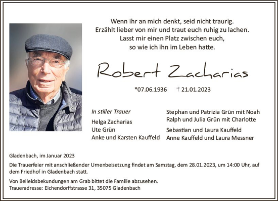 Traueranzeige von Robert Zacharias von Hinterländer Anzeiger