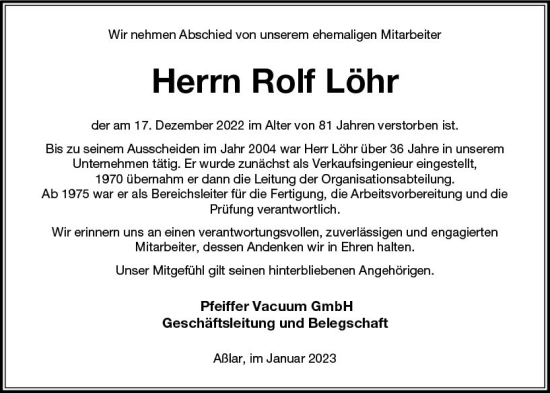 Traueranzeige von Rolf Löhr von Wetzlarer Neue Zeitung