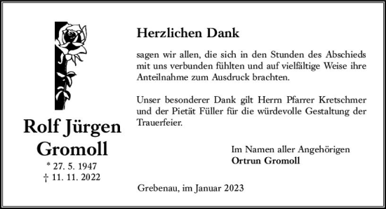 Traueranzeige von Rolf Jürgen Gromoll von OK Oberhessen Kurier