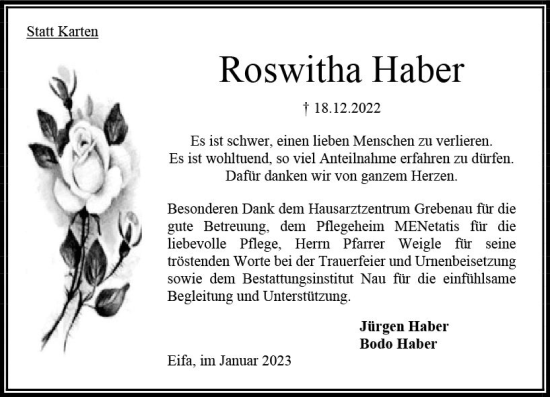 Traueranzeige von Roswitha Haber von OK Oberhessen Kurier