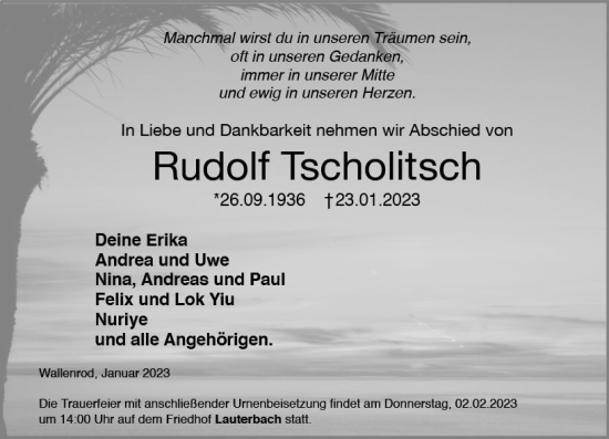 Traueranzeige von Rudolf Tscholitsch von VRM Trauer