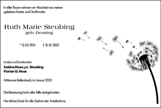 Traueranzeige von Ruth Marie Steubing von Dill Block