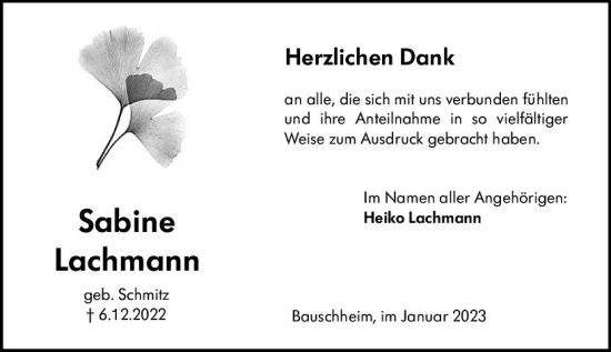 Traueranzeige von Sabine Lachmann von Rüsselsheimer Echo