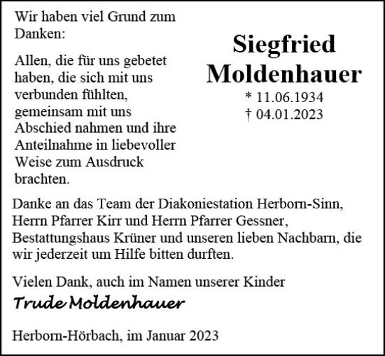Traueranzeige von Siegfried Moldenhauer von Dill Block