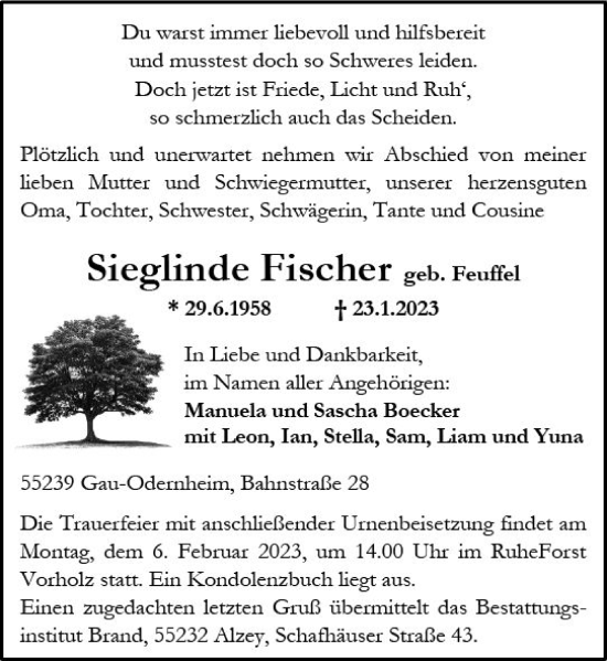 Traueranzeige von Sieglinde Fischer von Allgemeine Zeitung Alzey