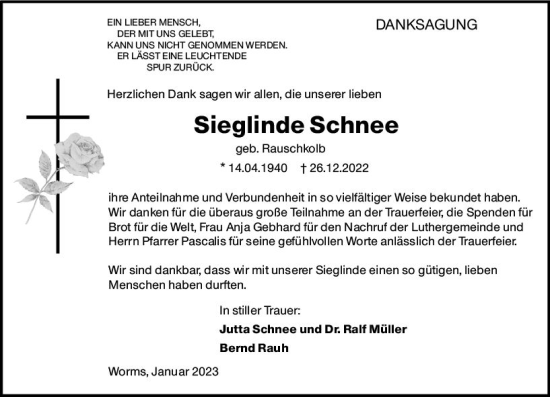 Traueranzeige von Sieglinde Schnee von Wormser Zeitung