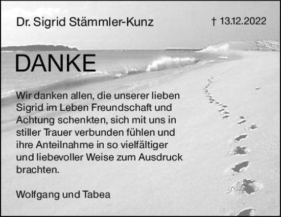 Traueranzeige von Sigrid Stämmler-Kunz von Dill Block