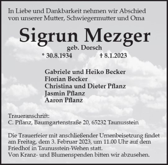 Traueranzeige von Sigrun Mezger von Idsteiner Land / Untertaunus Kurier