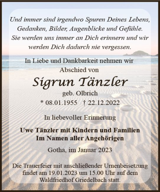Traueranzeige von Sigrun Tänzler von Wetzlarer Neue Zeitung