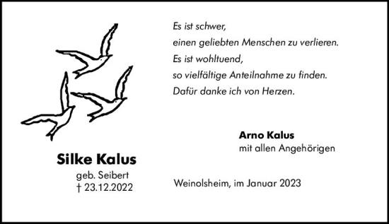 Traueranzeige von Silke Kalus von Allgemeine Zeitung Mainz