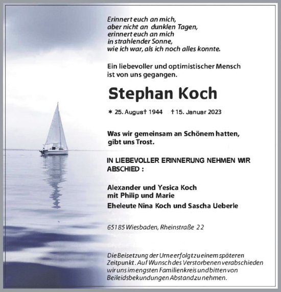Traueranzeige von Stephan Koch von Allgemeine Zeitung Alzey