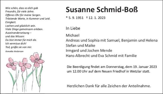 Traueranzeige von Susanne Schmid-Boß von Wetzlarer Neue Zeitung