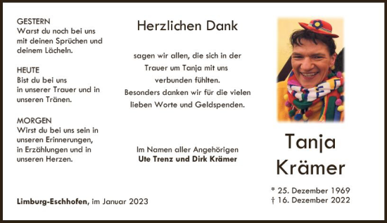 Traueranzeige von Tanja Krämer von Nassauische Neue Presse