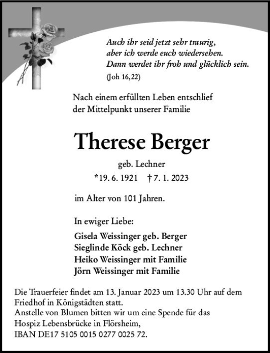 Traueranzeige von Therese Berger von vrm-trauer Rüsselsheimer Echo / MainSpitze
