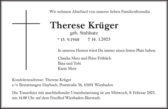 Traueranzeige von Therese Krüger von Wiesbadener Kurier gesamt