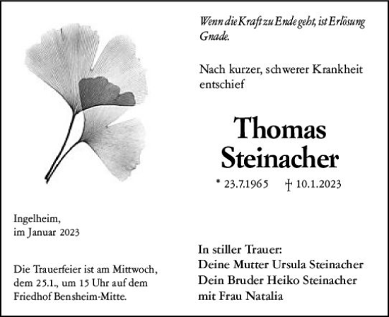 Traueranzeige von Thomas Steinacher von Allgemeine Zeitung Ingelheim-Bingen