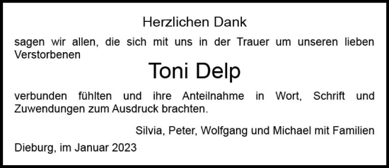 Traueranzeige von Toni Delp von DieburgerAnzeiger/Groß-Zimmerner Lokalanzeiger