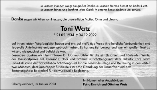 Traueranzeige von Toni Watz von Wetzlarer Neue Zeitung