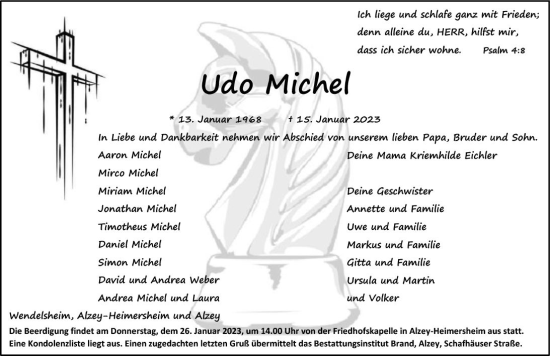 Traueranzeige von Udo Michel von Allgemeine Zeitung Alzey