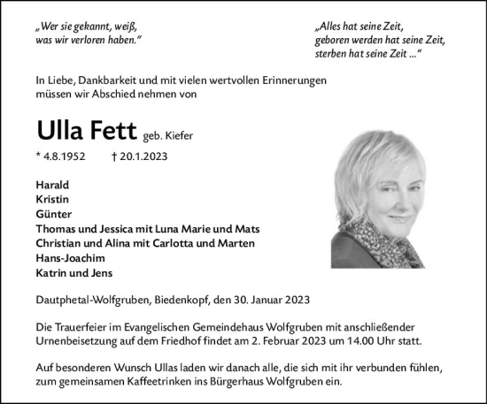 Traueranzeige von Ulla Fett von Hinterländer Anzeiger