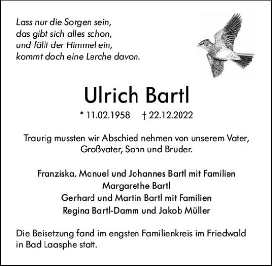 Traueranzeige von Ulrich Bartl von Hinterländer Anzeiger