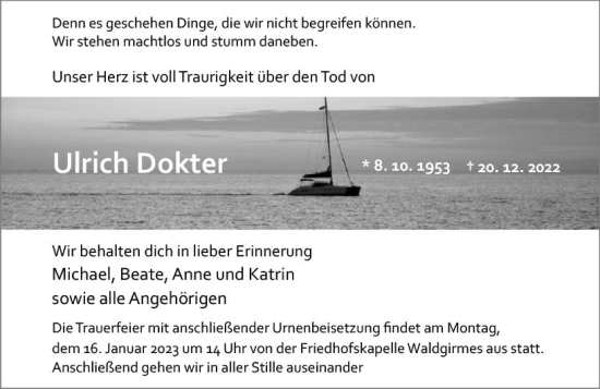 Traueranzeige von Ulrich Dokter von Wetzlarer Neue Zeitung