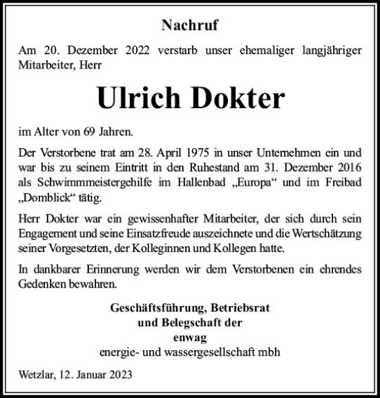 Traueranzeige von Ulrich Dokter von Wetzlarer Neue Zeitung