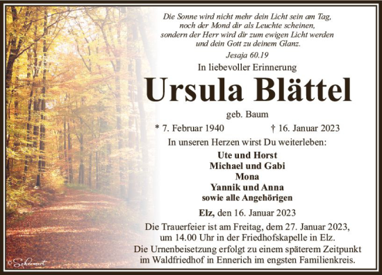 Traueranzeige von Ursula Blättel von Nassauische Neue Presse