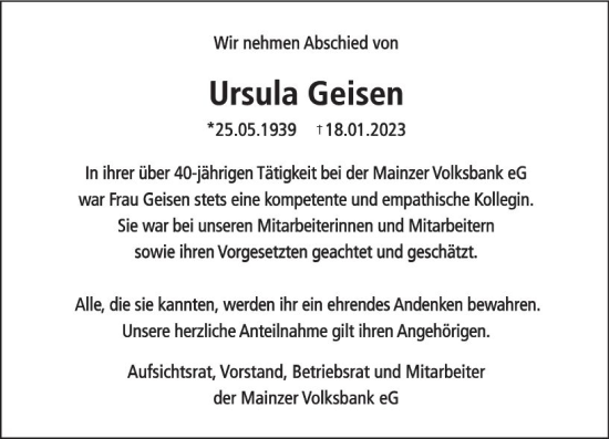 Traueranzeige von Ursula Geisen von Allgemeine Zeitung Mainz