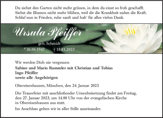 Traueranzeige von Ursula Pfeiffer von Hinterländer Anzeiger