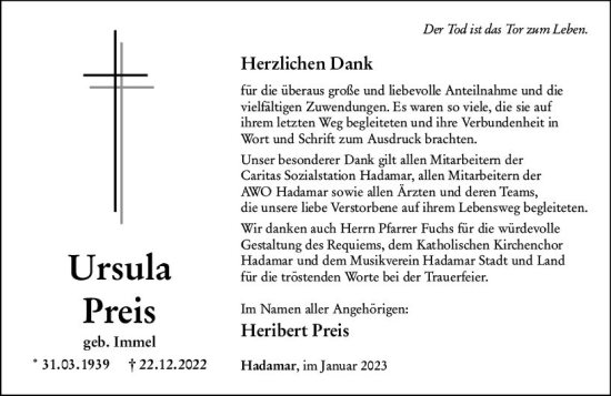Traueranzeige von Ursula Preis von Nassauische Neue Presse