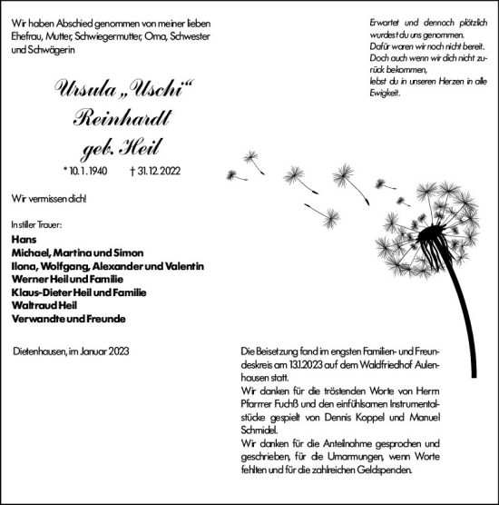 Traueranzeige von Ursula Reinhardt von Weilburger Tageblatt
