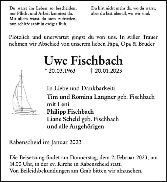 Traueranzeige von Uwe Fischbach von Dill Block