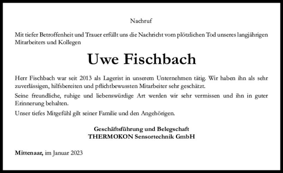 Traueranzeige von Uwe Fischbach von Hinterländer Anzeiger