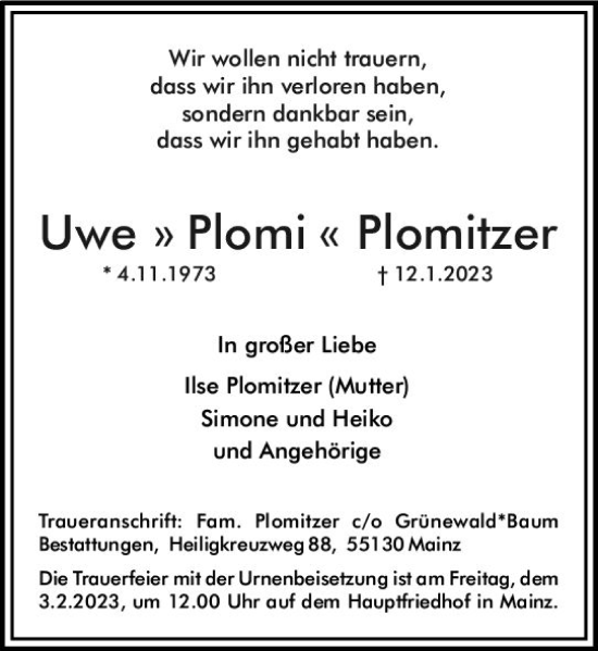Traueranzeige von Uwe Plomitzer von Allgemeine Zeitung Mainz