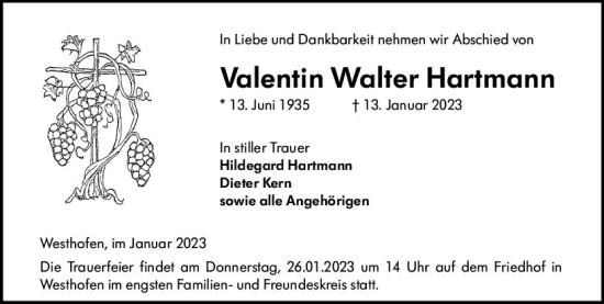Traueranzeige von Valentin Walter Hartmann von Wormser Zeitung