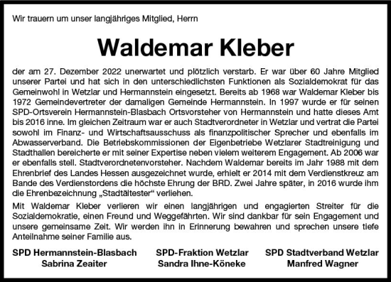 Traueranzeige von Waldemar Kleber von Wetzlarer Neue Zeitung