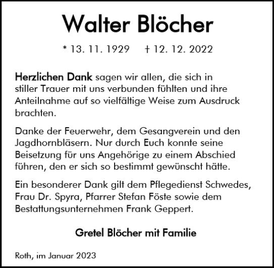 Traueranzeige von Walter Blöcher von Dill Block
