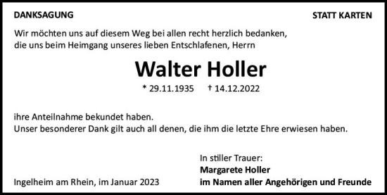 Traueranzeige von Walter Holler von Allgemeine Zeitung Ingelheim-Bingen