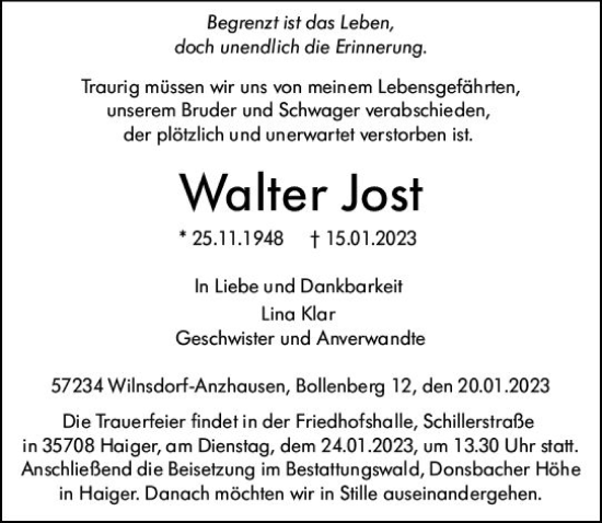 Traueranzeige von Walter Jost von Dill Block